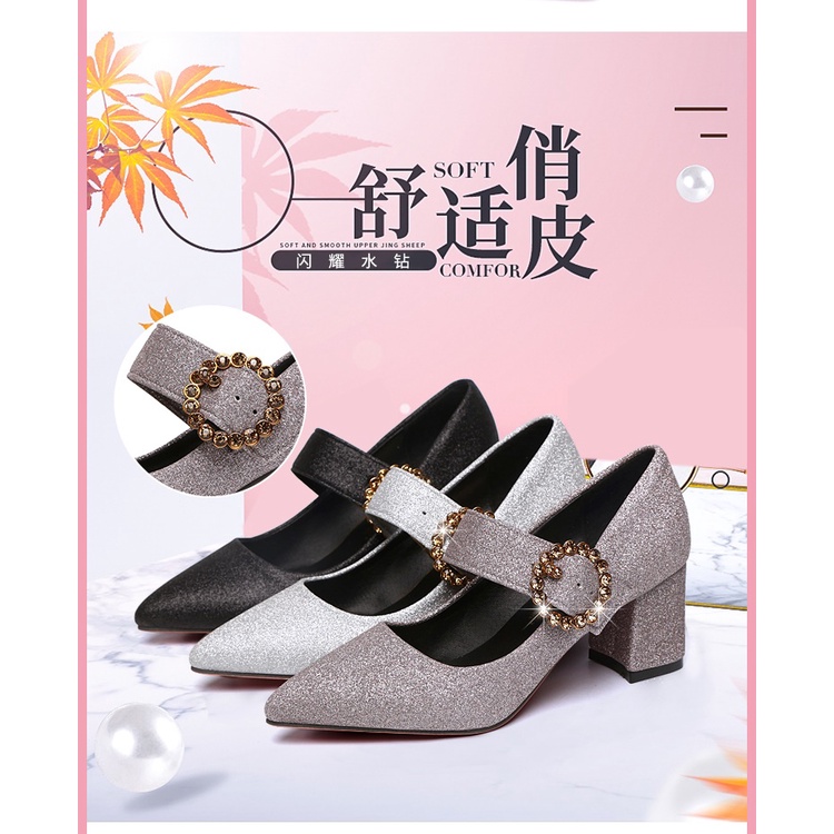 2020 Autumn New Single Shoes Women's Pointed High-Heeled Word Buckle With Thick With Hundreds Of Shallow Mouth Women's S