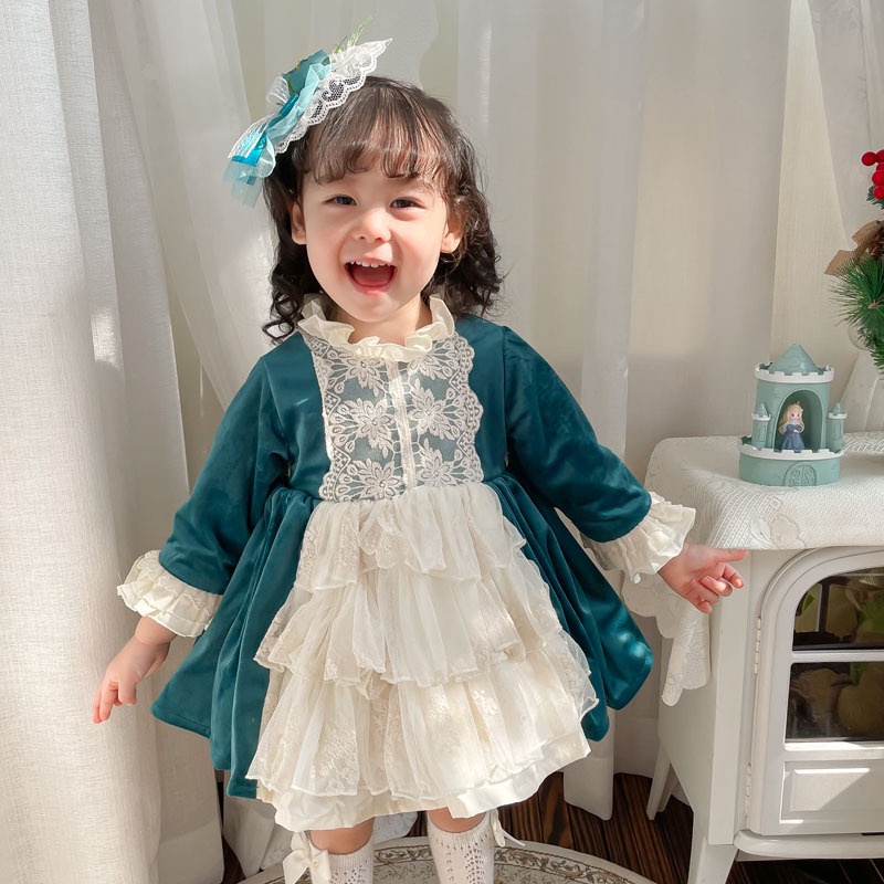 Children's autumn and winter new long-sleeved velvet lolita dress Spanish short cute dress baby lolita princess dress pdyJ