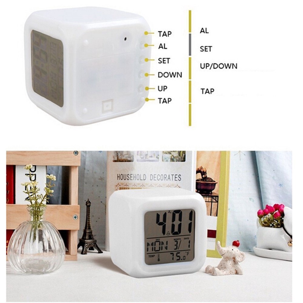 Đồng hồ báo thức để bàn có nhiệt kế kỹ thuật số màn hình LCD thay đổi đèn LED 7 màu