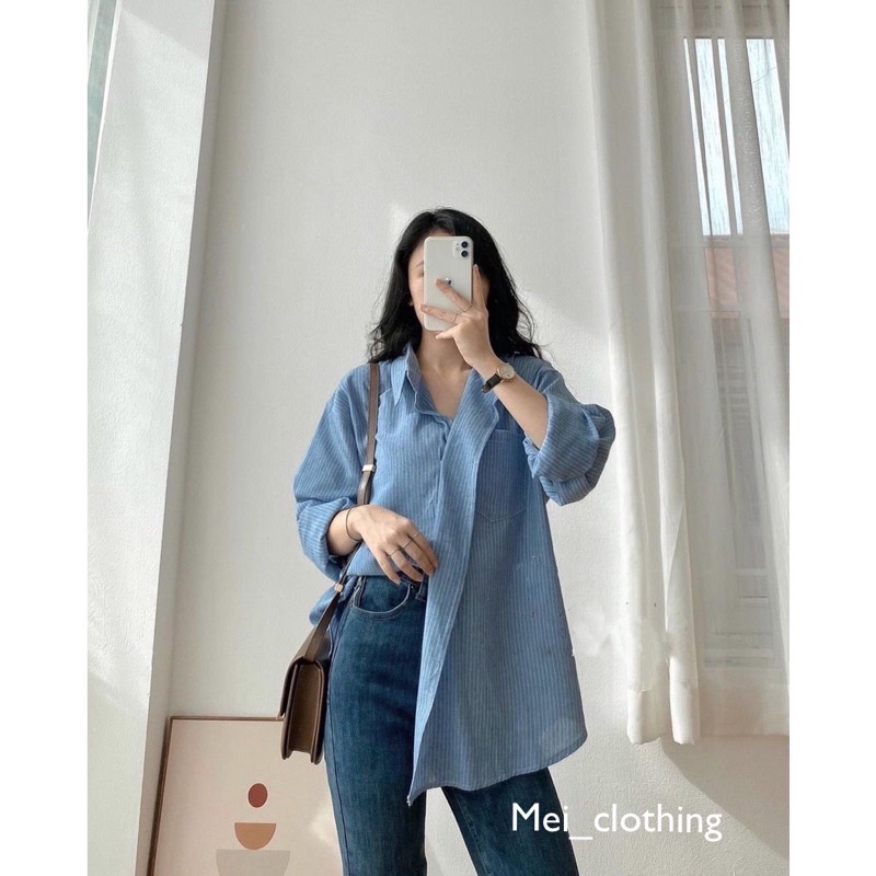 Áo sơmi dài tay vạt lệch phong cách Hàn Quốc/ sơ mi nữ vạt chéo kẻ sọc A34