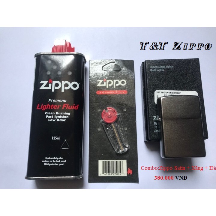 Combo bật lửa Zippo Satin + Xăng + Đá (Chính hãng)