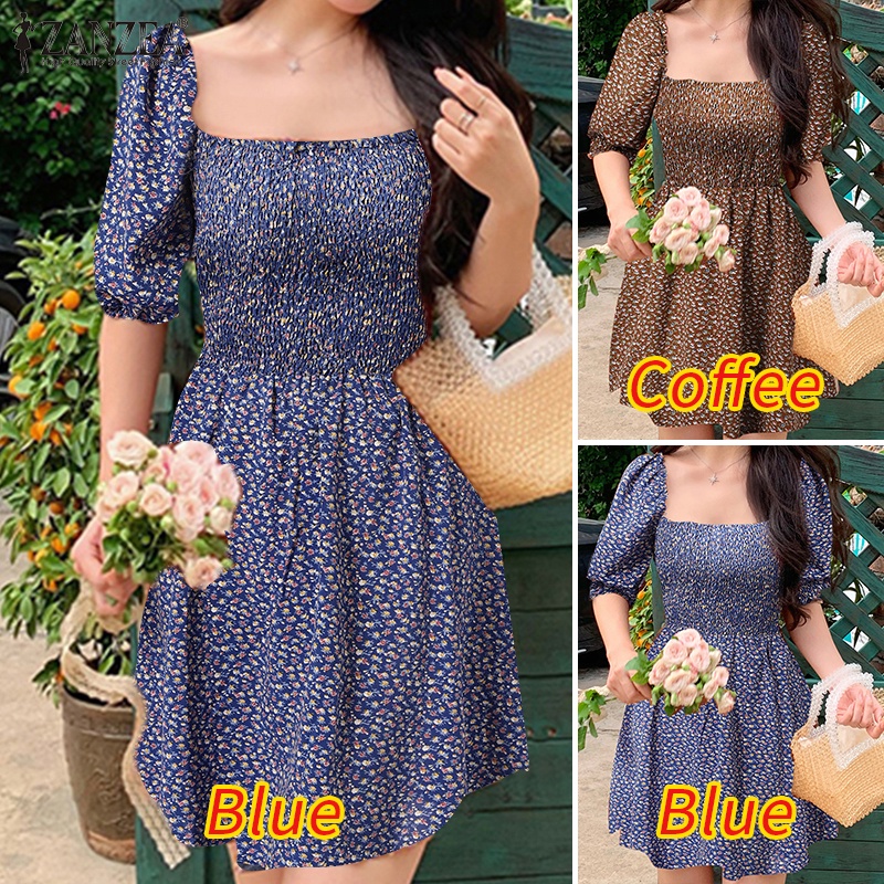 Zanzea Đầm Tay Lửng Cổ Vuông Họa Tiết Hoa Nữ Tính