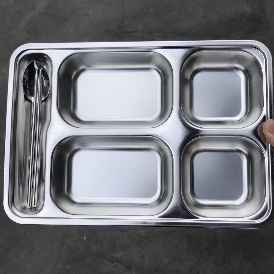 khay cơm 5 ngăn sâu lòng , khay cơm inox cao cấp ( tặng kèm theo đũa thìa inox )