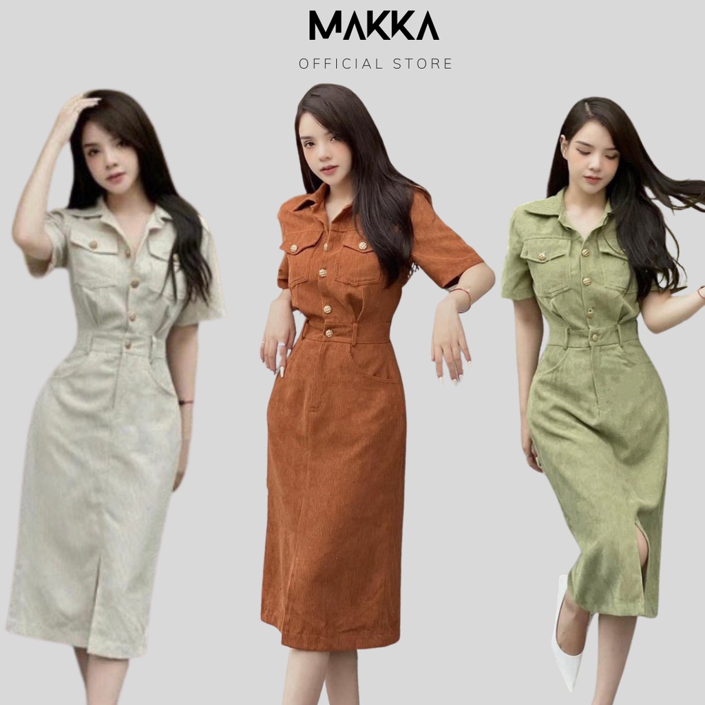 Đầm váy nữ MAKKA chất tăm lỳ bigsize váy sơ mi thiết kế dáng xẻ trước chun eo 552