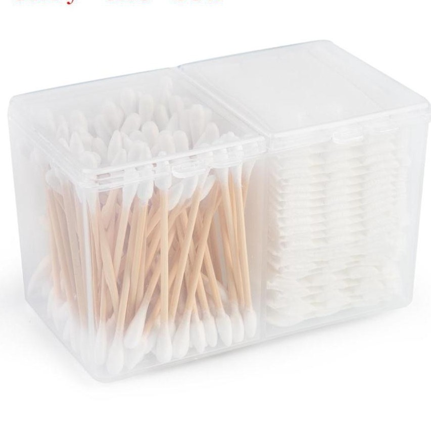 Hộp nhựa 2 ngăn trong suốt đựng bông tẩy trang/tăm bông có nắp đậy | BigBuy360 - bigbuy360.vn