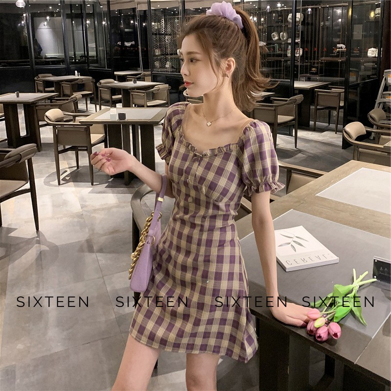 Váy Nữ, Đầm Nữ, Váy Kẻ Caro Dáng Ngắn Tay Bồng Ullzang SIXTEEN. | BigBuy360 - bigbuy360.vn