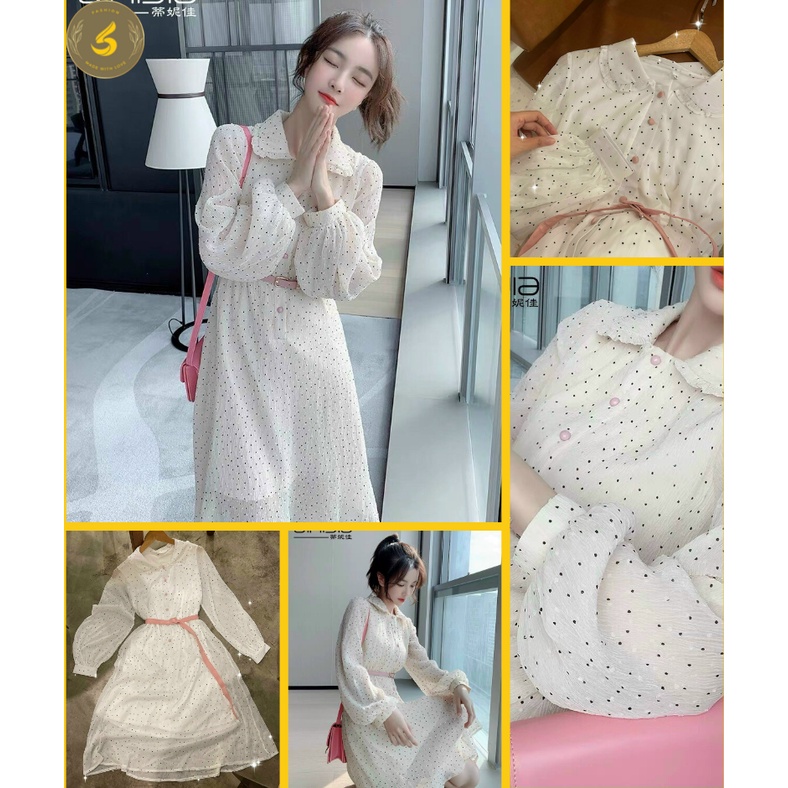 Đầm Midi Bi Trắng Nút Bọc Kèm Belt Hồng ZENI5 Thiết Kế Trẻ Trung Năng Động Chấm Bi Freesize
