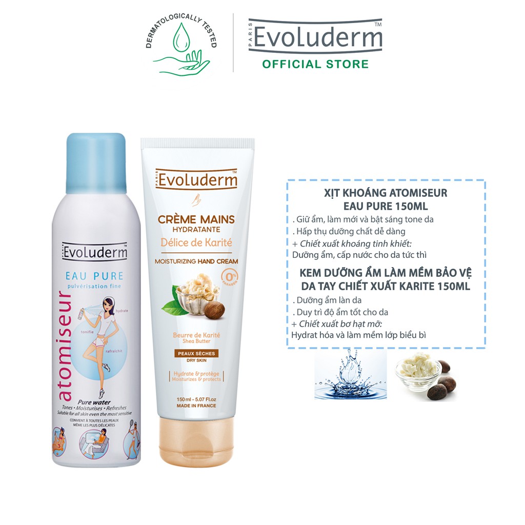 Bộ xịt khoáng cấp ẩm Evoluderm 150ml và kem dưỡng da tay bơ hạt mỡ Evoluderm 150ml