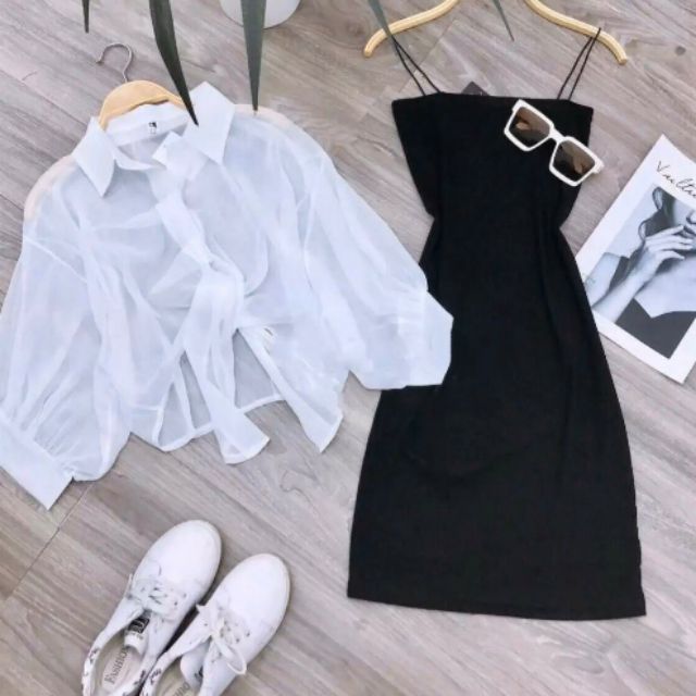 Áo cardigan sơ mi voan tay lửng mùa hè thoáng mát