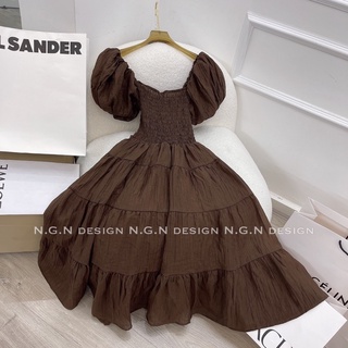 Váy maxi chun ngực tay bồng