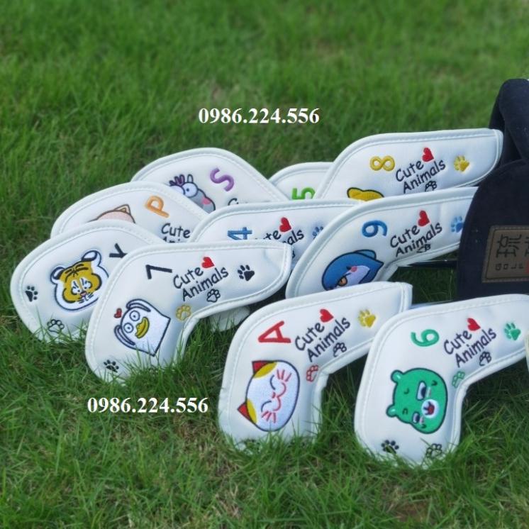 Cover gậy golf bọc đầu sắt da PU chống trầy xước bụi bẩn set 10 miếng