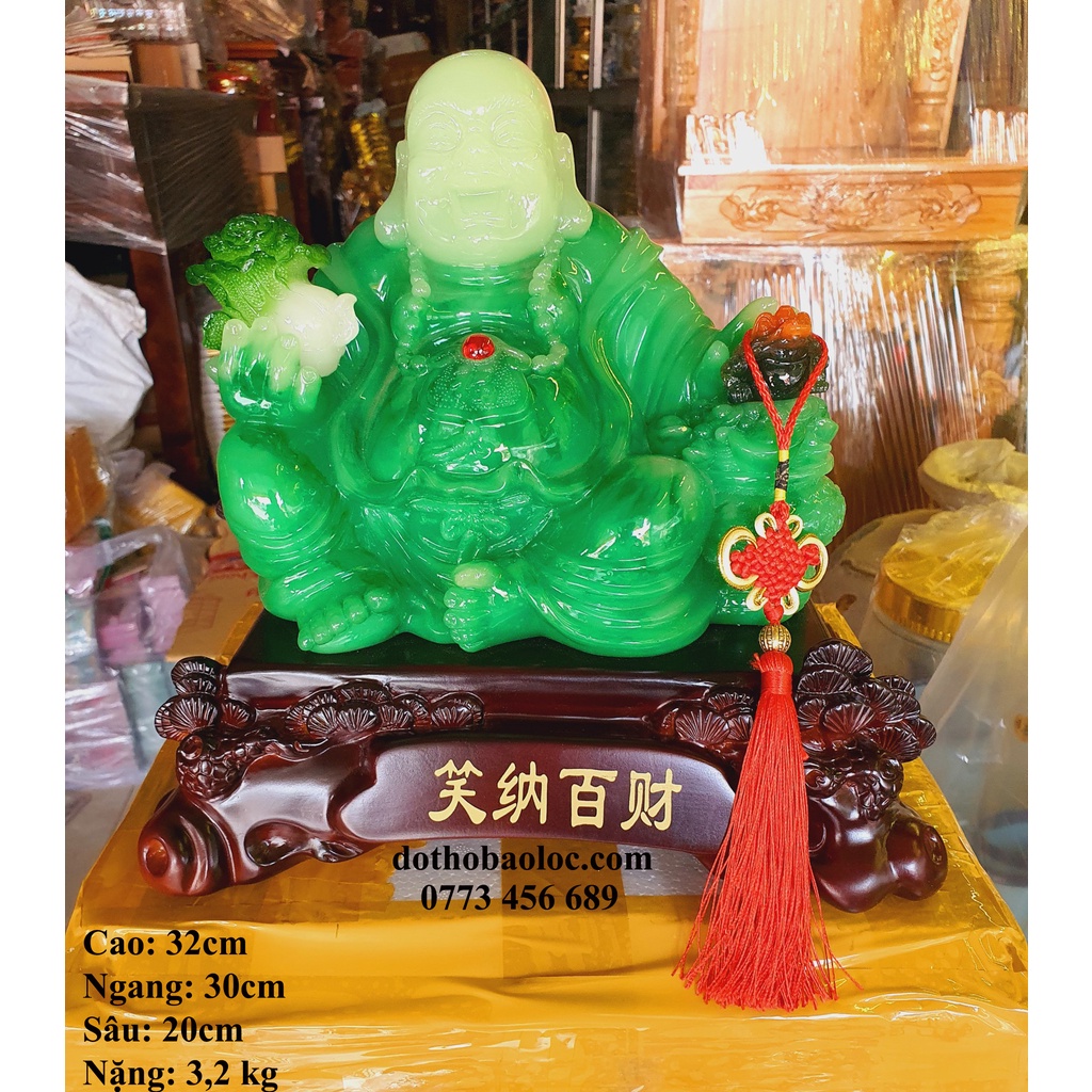 Tượng phật Di Lạc phong thủy màu xanh ngọc cao 32cm