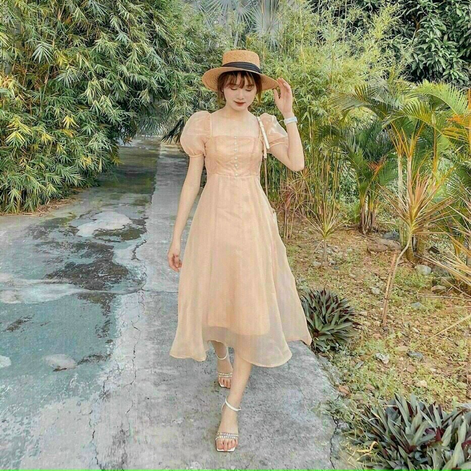 Đầm công chúa ulzzang dự tiệc cưới, đầm tiểu thư đi tiệc phong cách hàn quốc dễ thương thiết kế cúp ngực phối tay phồng