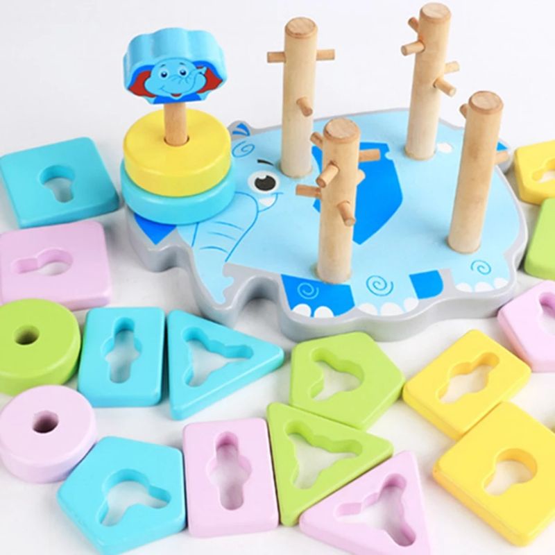 Đồ chơi thả hình Montessori 5 trụ con voi dễ thương bằng gỗ cho bé thông minh Kumi toys