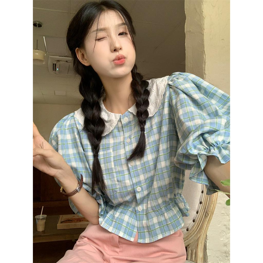 Áo Kiểu Tay Phồng Họa Tiết Sọc Caro Phong Cách Cổ Điển Thời Trang Mùa Hè Cho Nữ