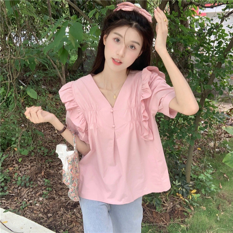 Áo Thun Tay Ngắn Màu Trơn Dáng Rộng Phong Cách Hàn Quốc Dễ Thương