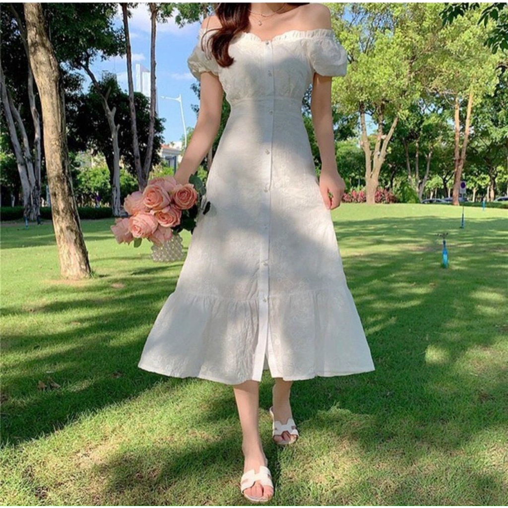 Váy trắng midi trễ vai dài khoe dáng đuôi cá siêu xinh-Hàng chất lượng cao XUKA DRESS DT011