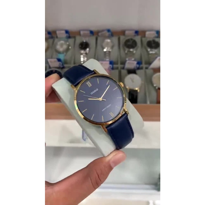 Đồng hồ Nam Casio MTP-VT01GL-2B, đồng hồ chính hãng, dây da trơn xanh mặt xanh, viền vàng