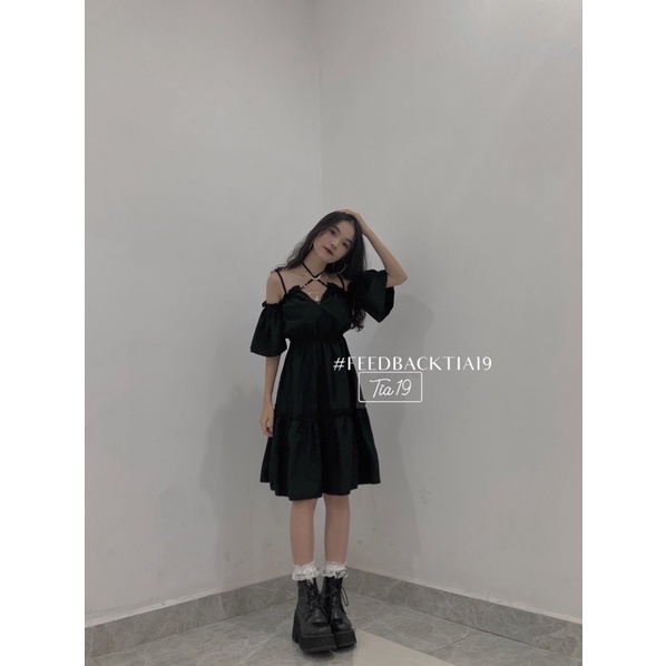 Váy hai dây đen tay trễ . Đầm hai dây trễ vai ulzzang ( Ảnh thật Tia19 chụp) | BigBuy360 - bigbuy360.vn