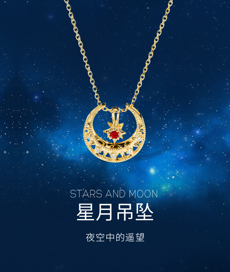 vòng cổ Mạ Vàng 18k Hình Mặt Trăng Ngôi Sao Đính Đá Ruby Nhân Tạo