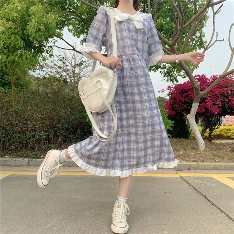 Đầm Midi Tay Ngắn Dáng Rộng Cổ Thủy Thủ Phong Cách Hàn Quốc Thời Trang Mùa Hè Xinh Xắn Cho Nữ