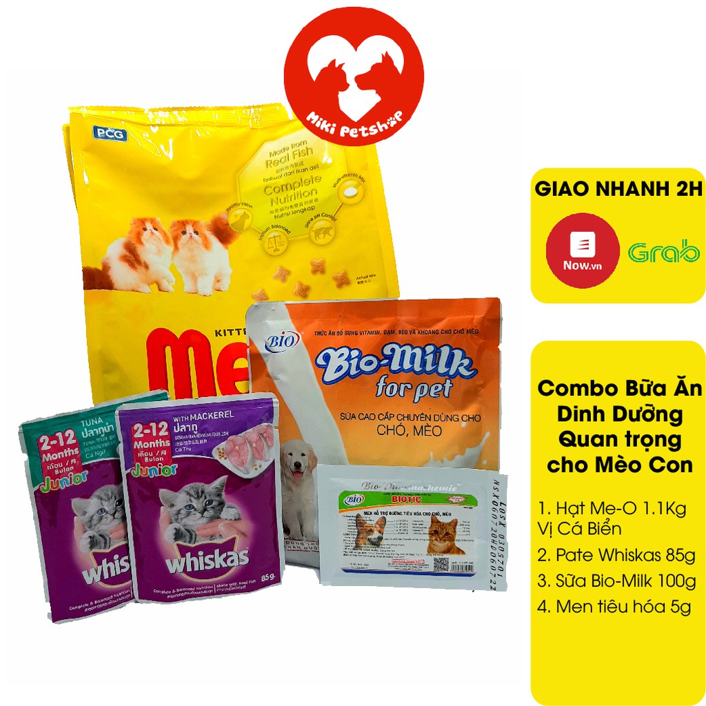 Combo Đồ Ăn Cho Mèo Con Từ 2 Tháng Hạt Thức Ăn Khô Me-O Pate Whiskas Sữa Biomilk Men tiêu hóa - Miki Petshop