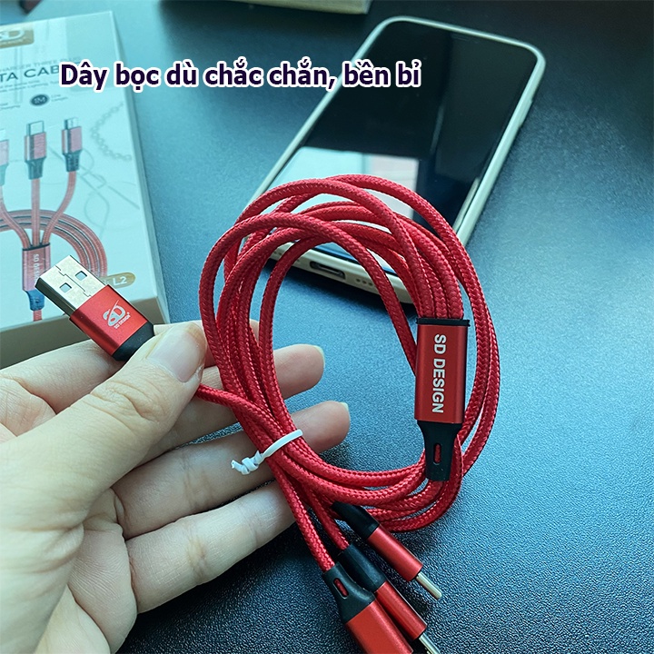 Dây cáp sạc 3 đầu đa năng bọc dù chính hãng SD-Design bảo hành 6 tháng cho IP, Samsung, Huawei, Xiaomi, Oppo - MarioCase