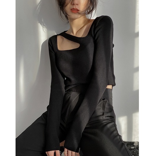 QADCOL Áo sweater Dệt Kim Tay Dài Cổ Vuông Đục Lỗ Kiểu Pháp Dễ Thương Cho Nữ