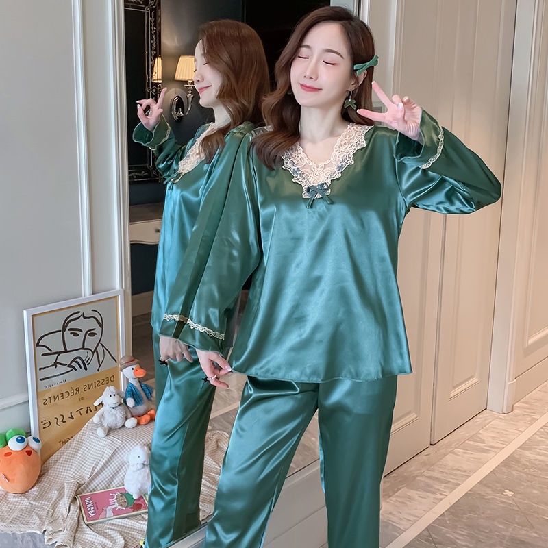 Bộ đồ ngủ tay dài bằng lụa mát thời trang xuân thu hàng mới dành cho bạn nữ mặc ở nhà