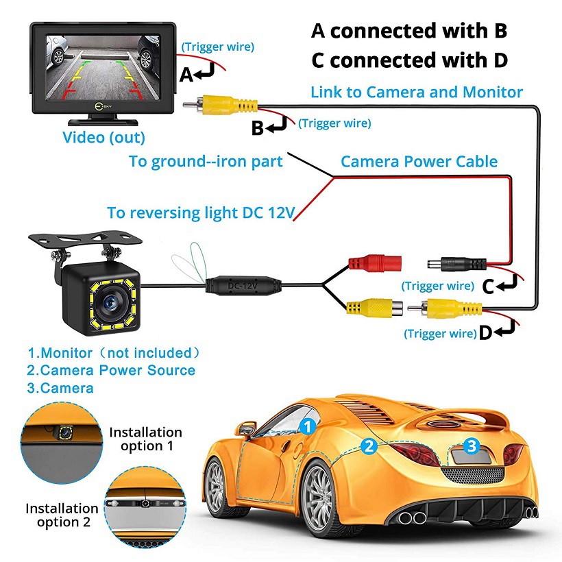 Camera lùi cho xe ô tô 12 led nhìn đêm - Camera lùi cho xe hơi 12 đèn led - Camera lùi 12 led vuông