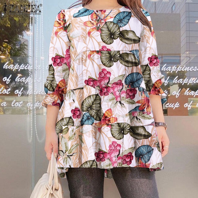 Áo kiểu ZANZEA dáng rộng tay dài cổ tròn lai nhún nếp in họa tiết đơn giản thời trang cho nữ