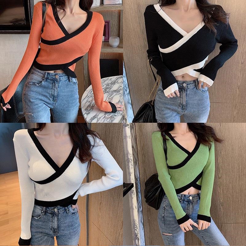 Áo Dệt Kim Tay Dài Cổ Chữ V Lưng Cao Thời Trang Hàn Quốc Cho Nữ