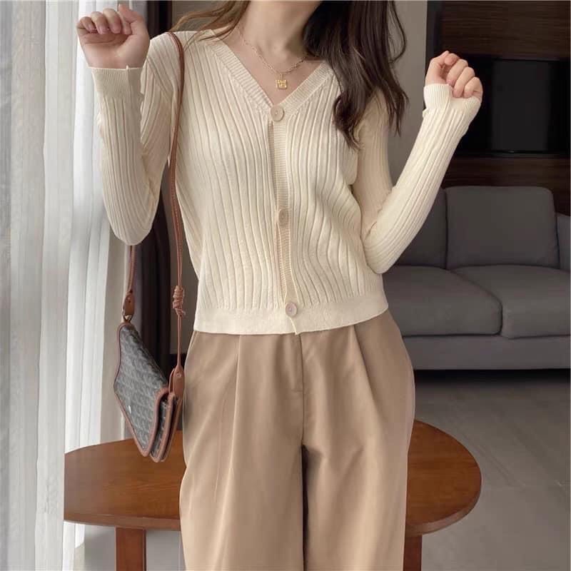 [ Ảnh thật / Hàng có săn ] Áo cardigan len mỏng dài tay cổ chữ V có 3 khuy dọc