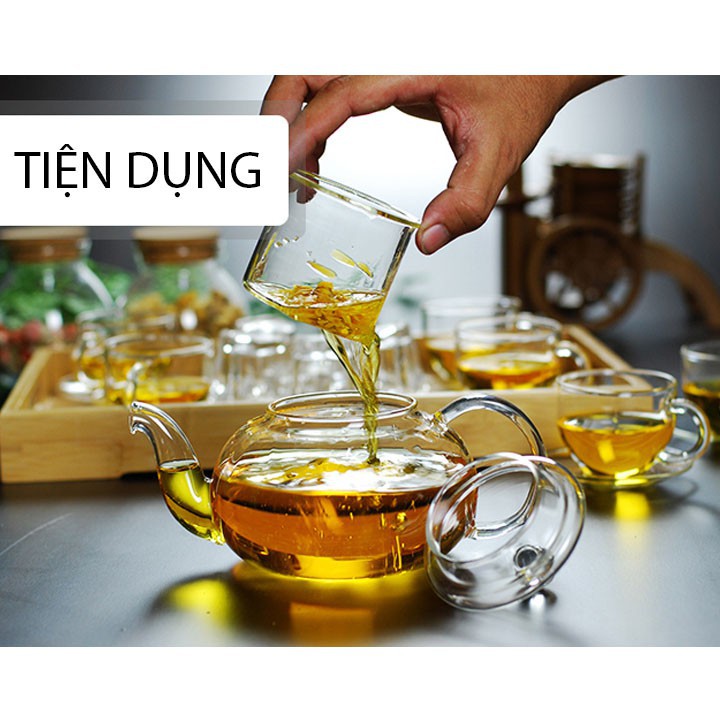 Bộ ấm trà thủy tinh L-01 600ml chịu nhiệt kèm 4 cốc thủy tinh có thể đun trên đế nến, bếp hồng ngoại