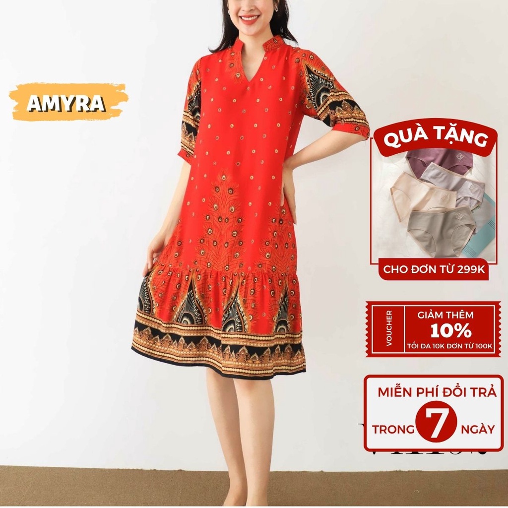 Đầm maxi trung niên dáng suông đuôi cá cổ trụ cho mẹ AMYRA - Váy ngủ lanh trung niên mặc nhà họa tiết thổ cẩm VA192