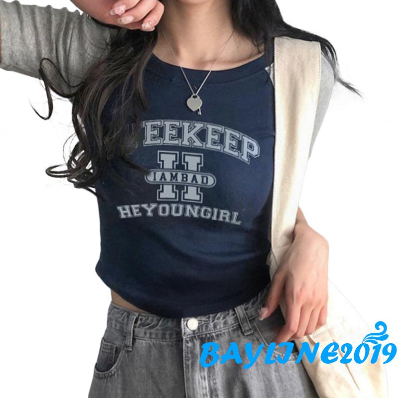 Áo Thun Tay Ngắn Cổ Tròn In Chữ Màu Sắc Tương Phản Thời Trang Mùa Hè Cho Nữ