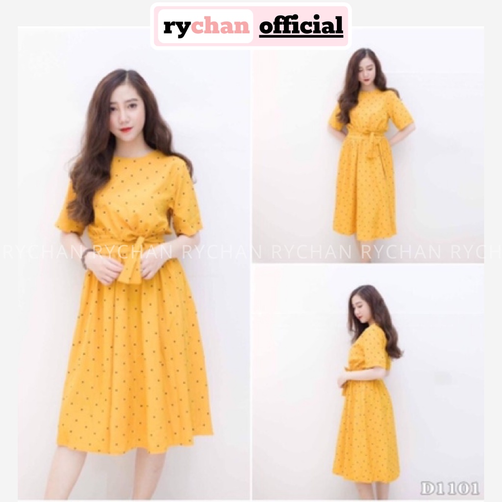 Đầm Nữ Dự Tiệc Trà Họa Tiết Chấm Bi Cổ Tròn Bo Eo Trẻ Trung Thanh Lịch Màu Vàng [ẢNH THẬT CUỐI] - DX9948