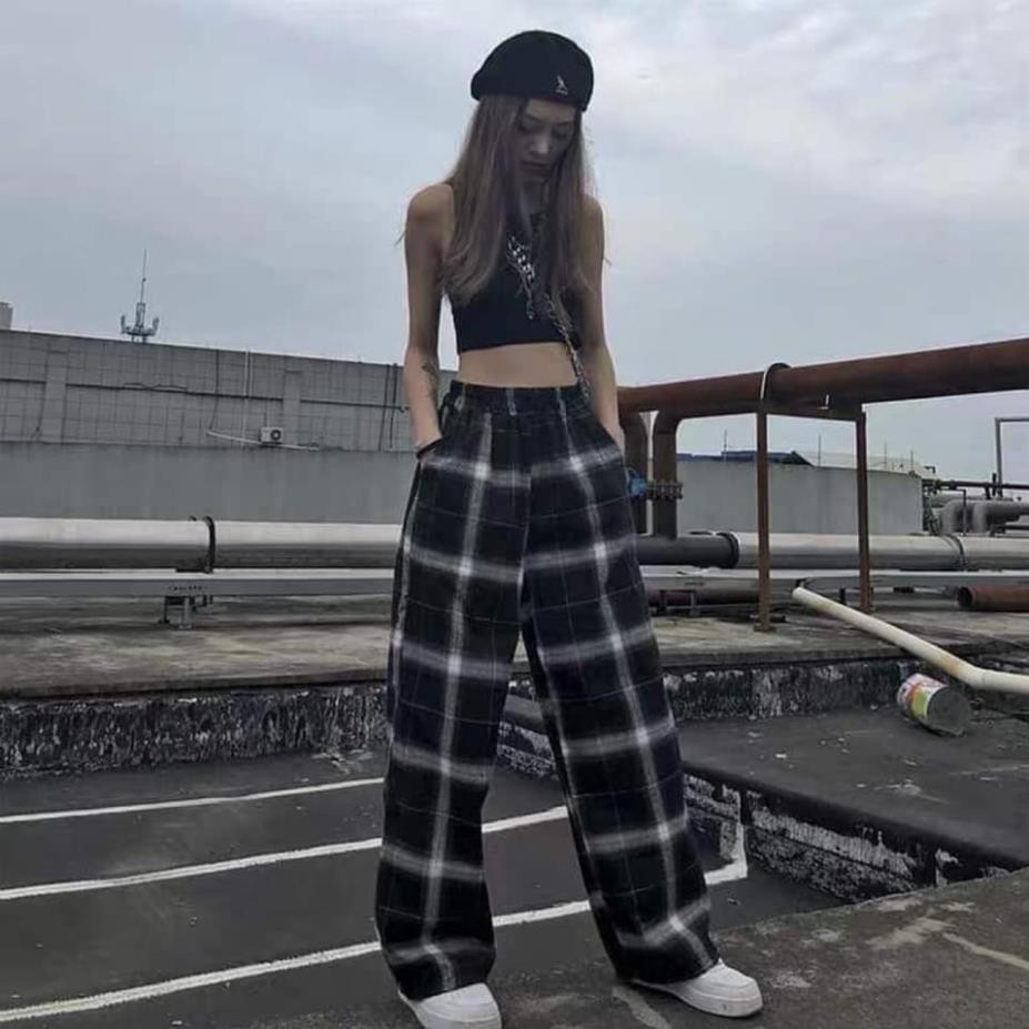 Quần CARO PANT unisex ống suông rộng cạp chun hack chân tôn dáng chất vải thô kẻ hàng có size 3 màu cực ngầu  ྇