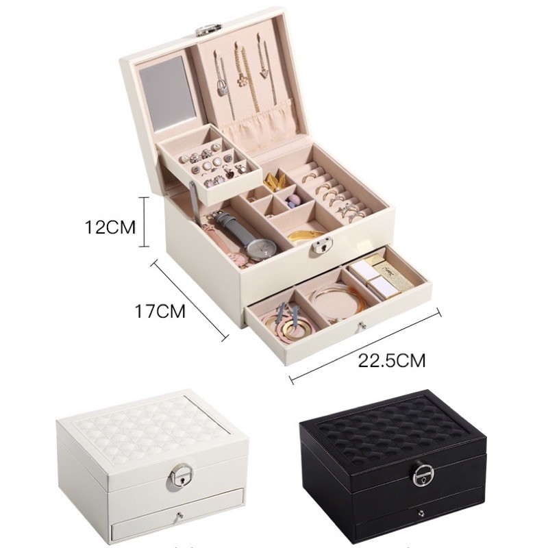 (HÀNG CAO CẤP) Hộp đựng trang sức Bọc Da PU 3 tầng Có Khóa Có Gương (size 22.5 x17x12cm)