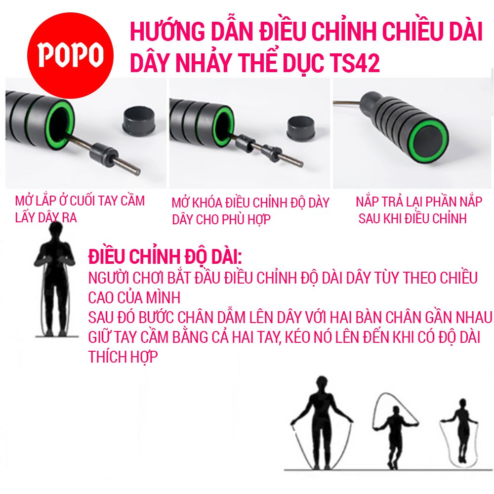 Dây nhảy thể dục hỗ trợ tập luyện giảm cân, giảm mỡ POPO lõi thép chịu lực tốt tay nắm bọt xốp, thoáng khí