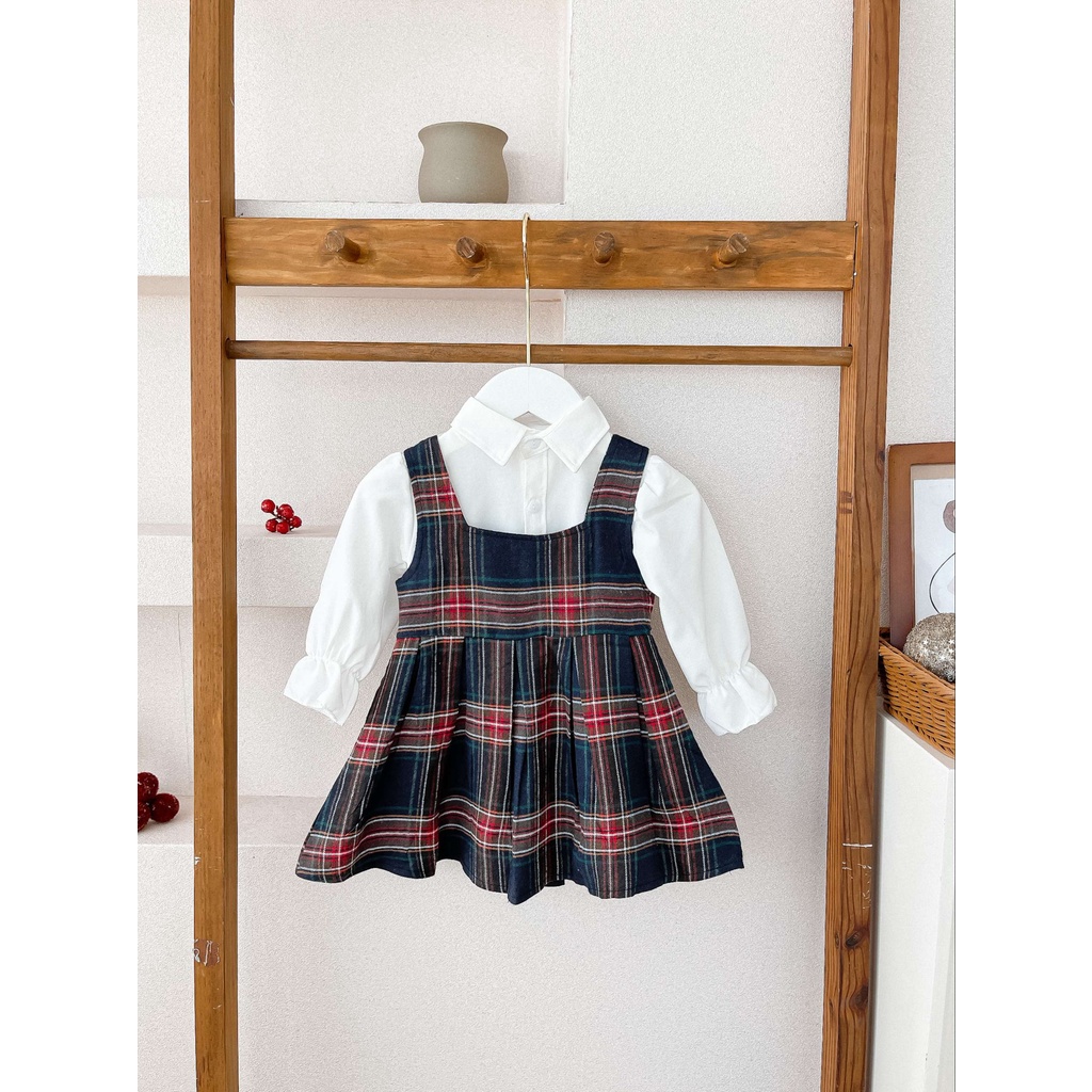 Set váy đầm cho bé gái thiết kế sơ mi phối váy yếm caro công chúa mùa xuân 10-22kg A10