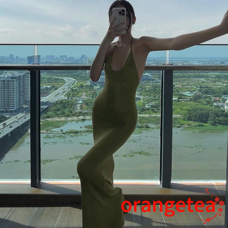 ORT-Women Sleeveless Halter Neck Dress, Solid Color Backless Tie-Up Bodycon Dress