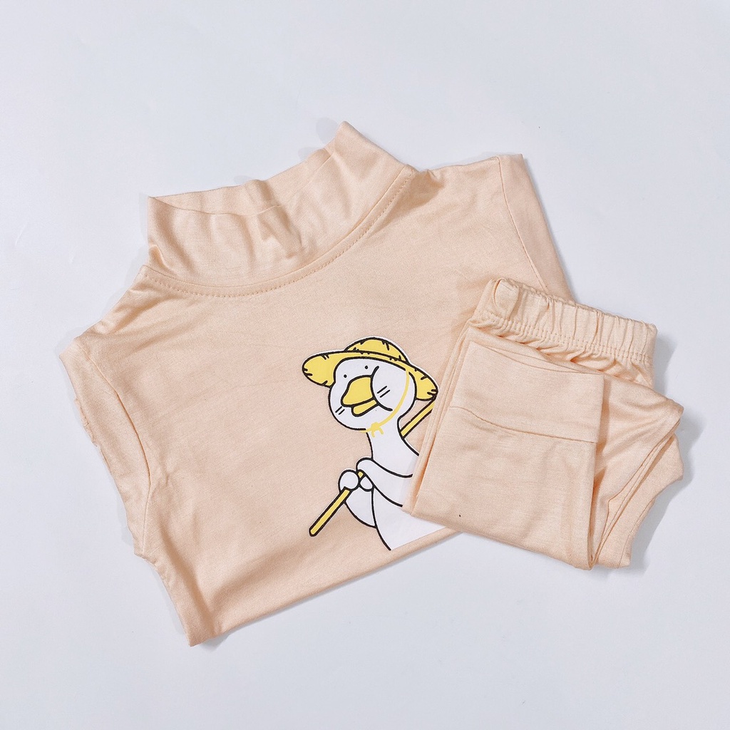 Bộ Dài Tay Thun Lạnh Cổ 3 Phân  In Họa Tiết Vịt Nghộ Nghĩnh Cho Bé Trai, Bé Gái size 7-17 kg