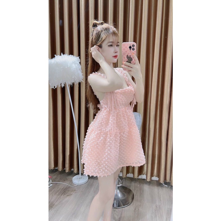Váy đầm nữ dáng xòe voan lông vũ hai dây nơ lưng dễ thương