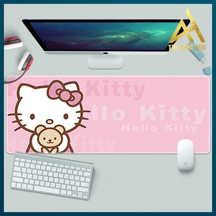 Lót Chuột Cỡ Lớn Gaming Màu Hồng Hello Kitty Dễ Thương 80x30x3 - Miếng Lót Chuột Chống Nước Siêu Bền