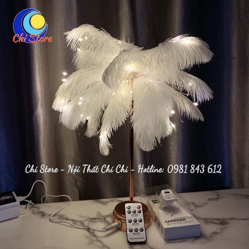 Đèn Ngủ Để Bàn Lông Vũ Chân Nhựa Mạ Đồng Bóng Led Toả, Hẹn Giờ Sáng Và Điều Chỉnh Độ Sáng