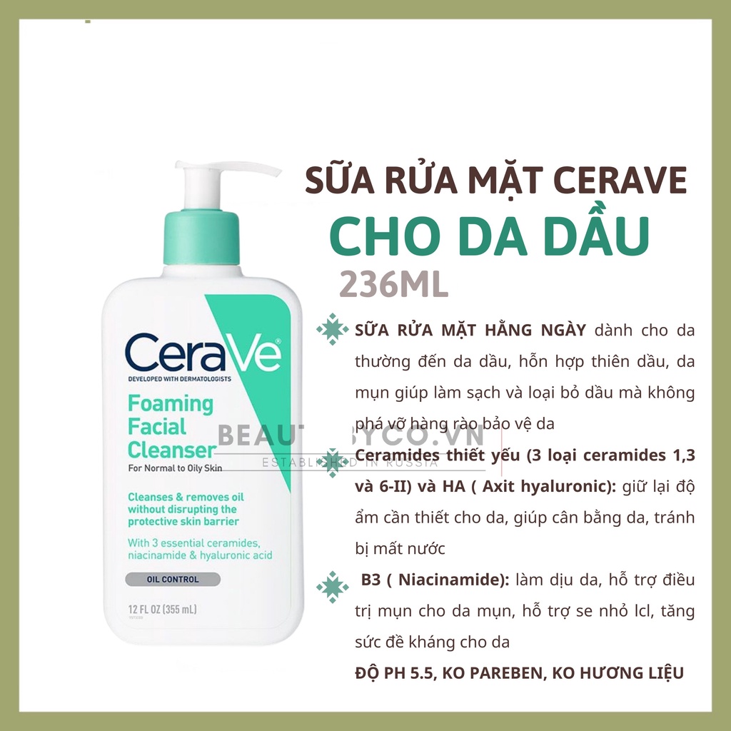 Sữa rửa mặt Cerave 236ml siêu kiềm dầu, siêu cấp ẩm cho mọi loại da, nhất là da nhạy cảm