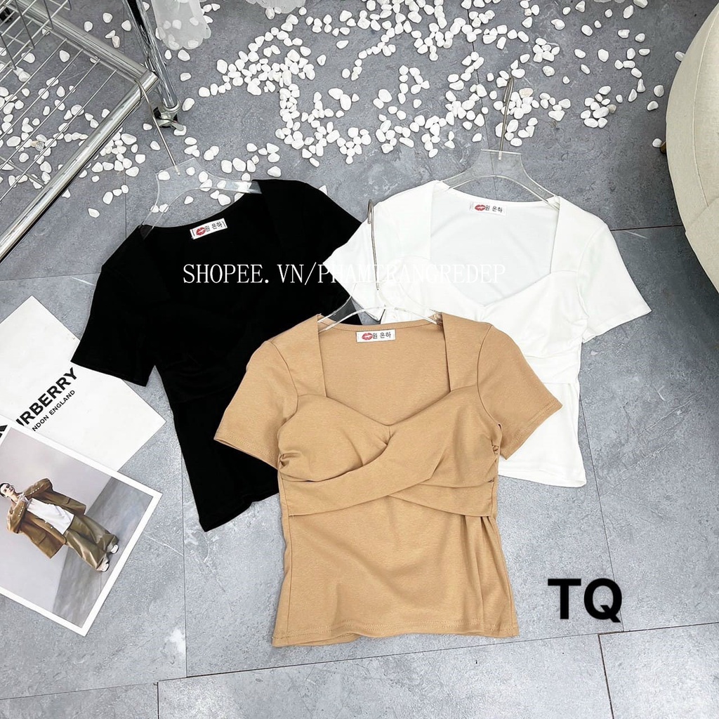 Áo kiểu tay ngắn cổ vuông xoắn ngực trơn cực xinh , chất thun bozip mềm mịn AT008 - phamtrangredep shop