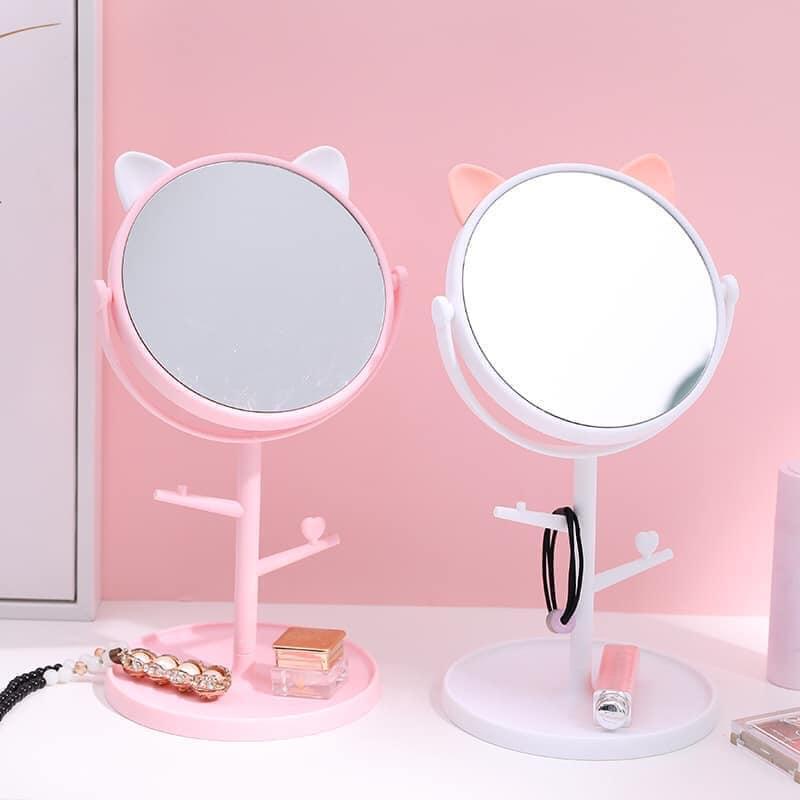 Gương Trang Điểm Để Bàn Tai Mèo Đáng Yêu Có Chân Đế Tiện Lợi Cartoon Makeup Mirror