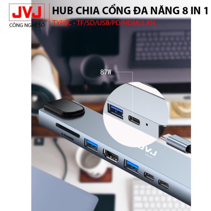 Hub USB Type-C JVJ BUL-2017L đa năng 8 Cổng HDMI USB 3.0 SD TF LAN Gigabit RJ45 tốc độ truyền mạng 100Mbps Bh 2 năm